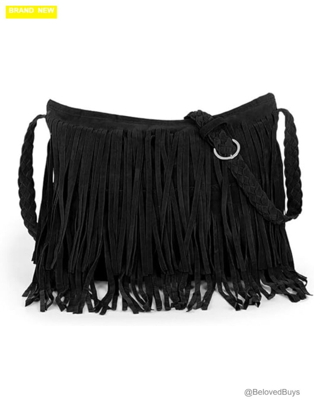 Large Tassel Fringe Crossbody Hobo Bag with Woven Strap